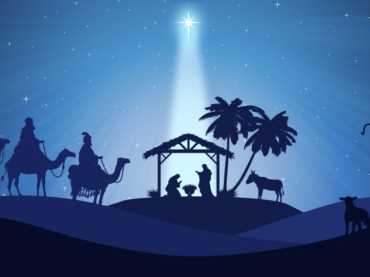 Complete nativity scene in blue landscape